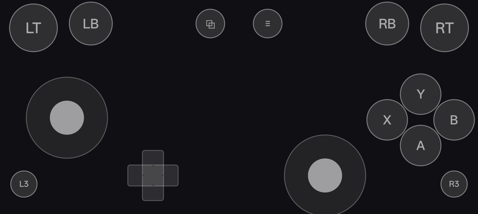 Close view of the droidOSS controller layout with sticks, D pad, face buttons, bumpers and triggers